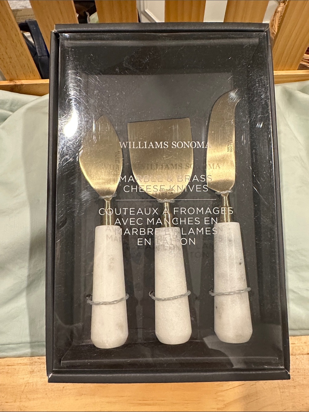 Williams Sonoma Marble Handle & Brass Three-Piece Cheese Knife Set